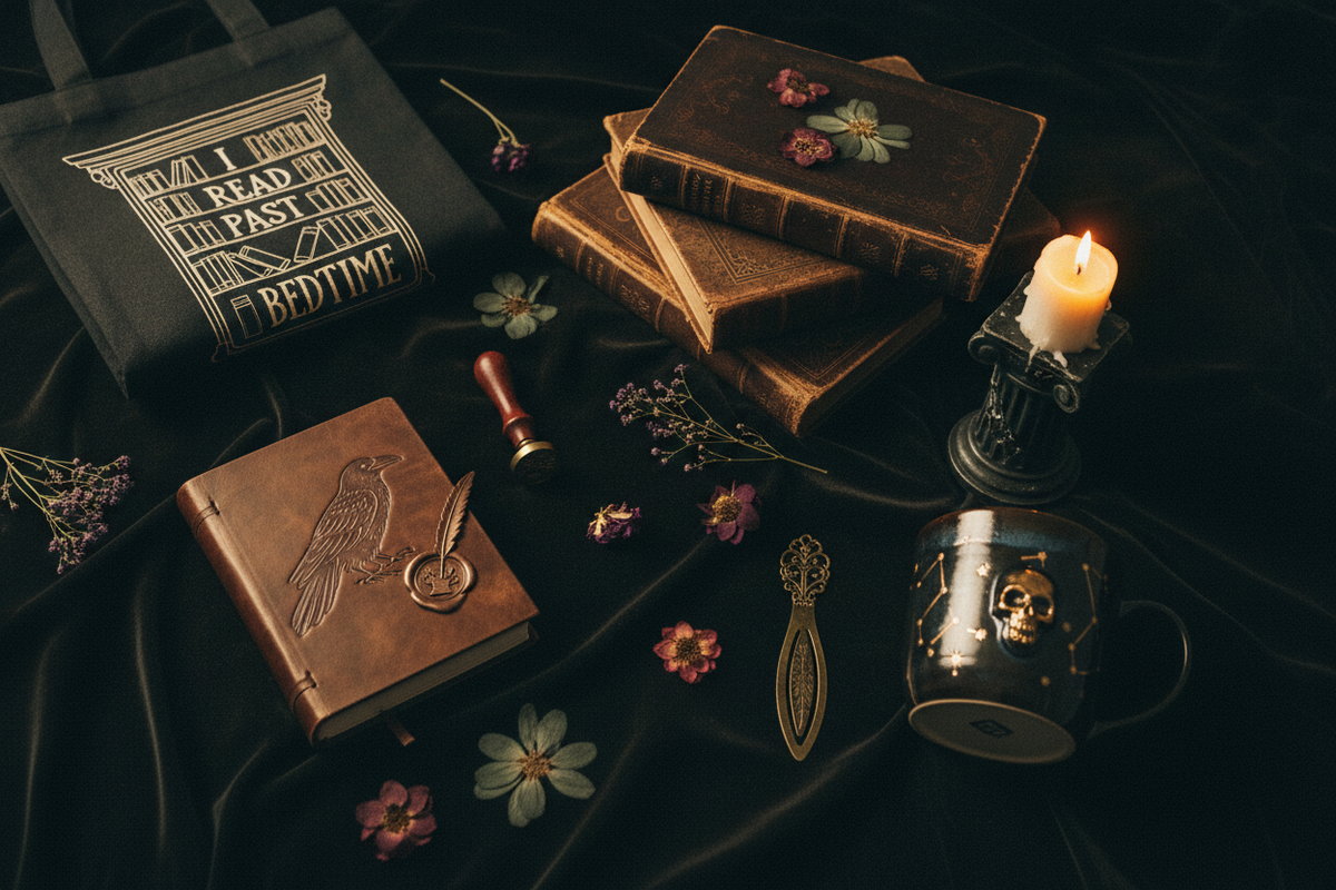 Moody dark academia flat lay of literary gifts — leather journal, wax seal, aged hardcover classics, gothic candle, and ornate bookmark on dark velvet in warm candlelight — Best Gifts for Book Lovers by Cryptic Cult
