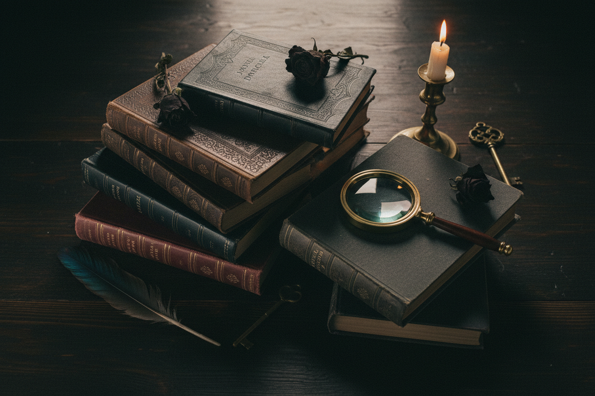 Moody dark academia flat lay with stacked gothic novels, magnifying glass, dried black roses, raven feather and brass key in long candlelight shadows — Best Gothic Novels by Cryptic Cult