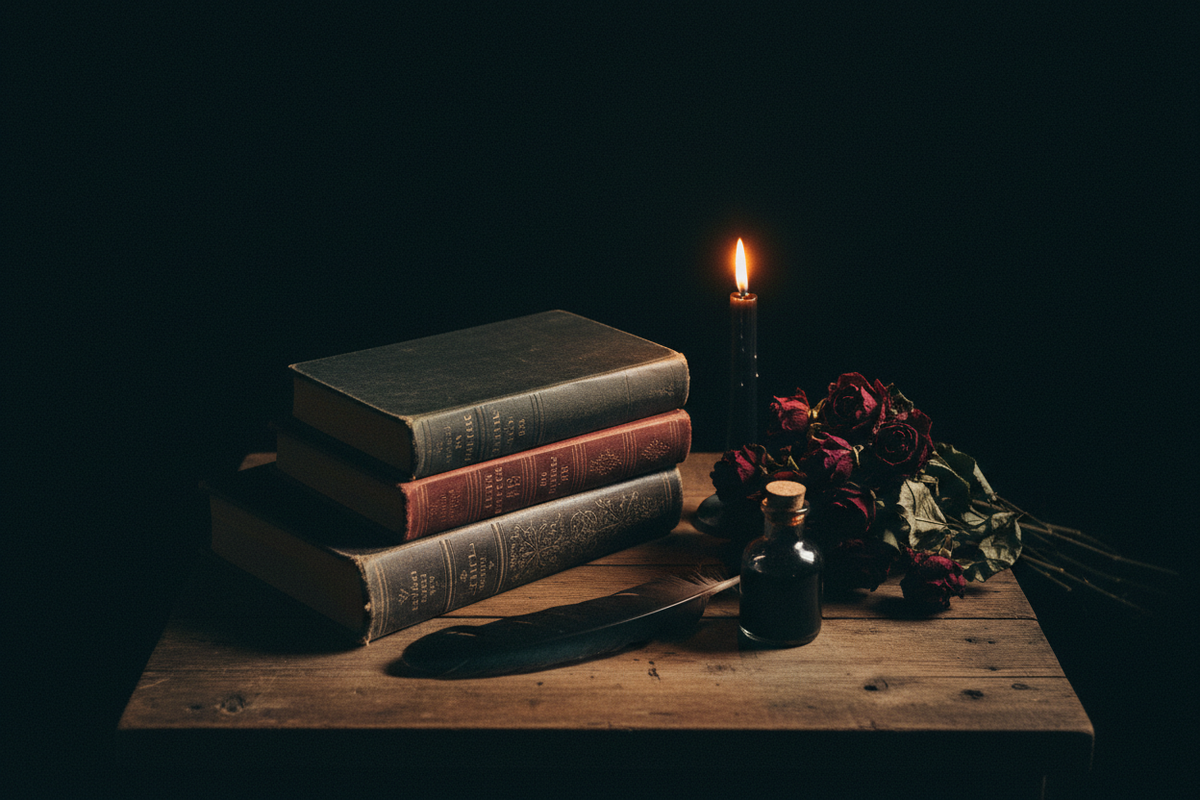 Moody dark academia flat lay with stacked horror classics, burning black taper candle, raven feather, dark glass bottle and dried thorned roses in charcoal and blood red — Best Horror Classics by Cryptic Cult
