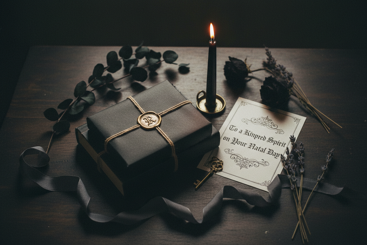 Moody dark academia flat lay with dark kraft wrapped books, gold wax seals, black taper candle, gothic birthday card, dried botanicals, silk ribbon and brass key charm in charcoal and gold candlelight — Birthday Gifts for Readers by Cryptic Cult