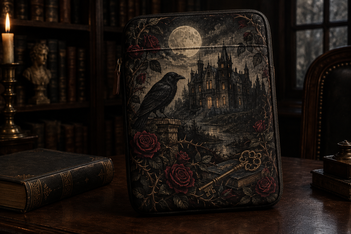 Zippered book sleeve with an original Gothic dark-academia print of a raven, moonlit manor, thorn roses, and an antique key.