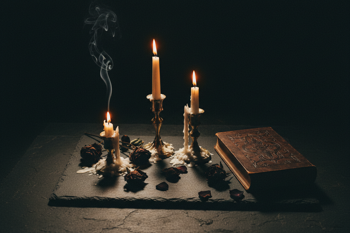 Moody dark academia flat lay with multiple taper candles in brass holders, pooling wax on dark stone, snuffed candle with smoke and dried black roses — Candles in Gothic Literature by Cryptic Cult