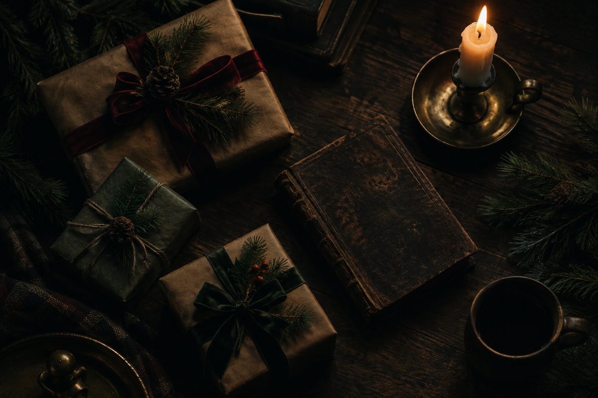 Christmas gifts for book lovers 2026 with wrapped books and literary gifts in moody cinematic lighting