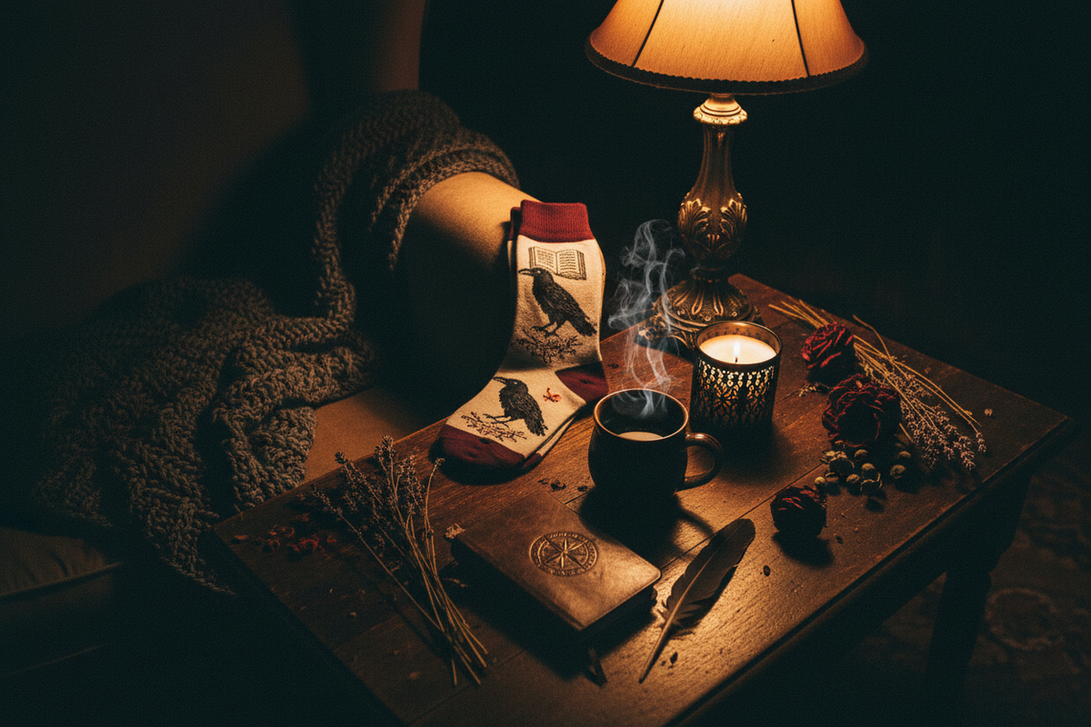 Moody dark academia flat lay with chunky charcoal knit throw, literary socks, gothic candle, steaming dark mug, leather journal and dried lavender in warm amber lamplight — Cozy Reading Gifts by Cryptic Cult
