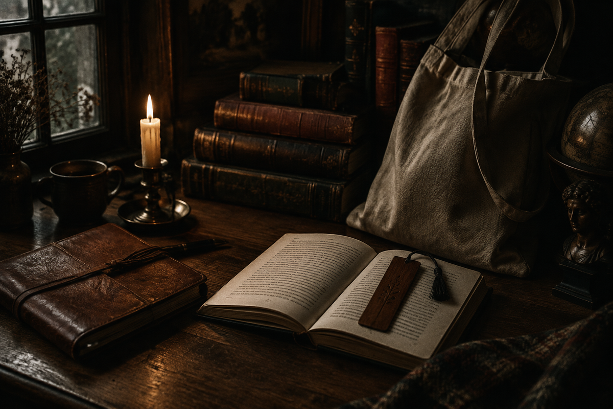 Dark academia desk setup with journal, candle, bookmark, and tote in moody cinematic lighting