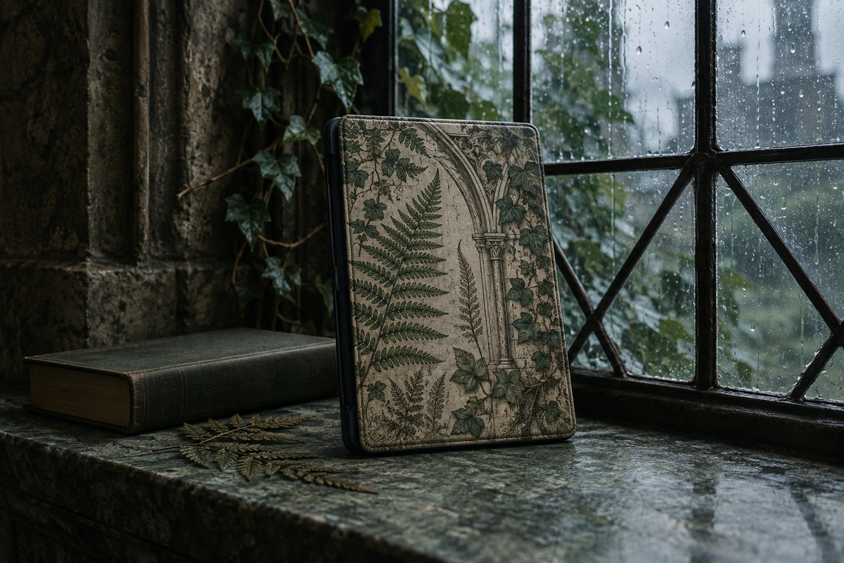 Dark Academia e-reader case with an original botanical illustration, propped on a stone library windowsill beside rain-streaked glass and ivy.