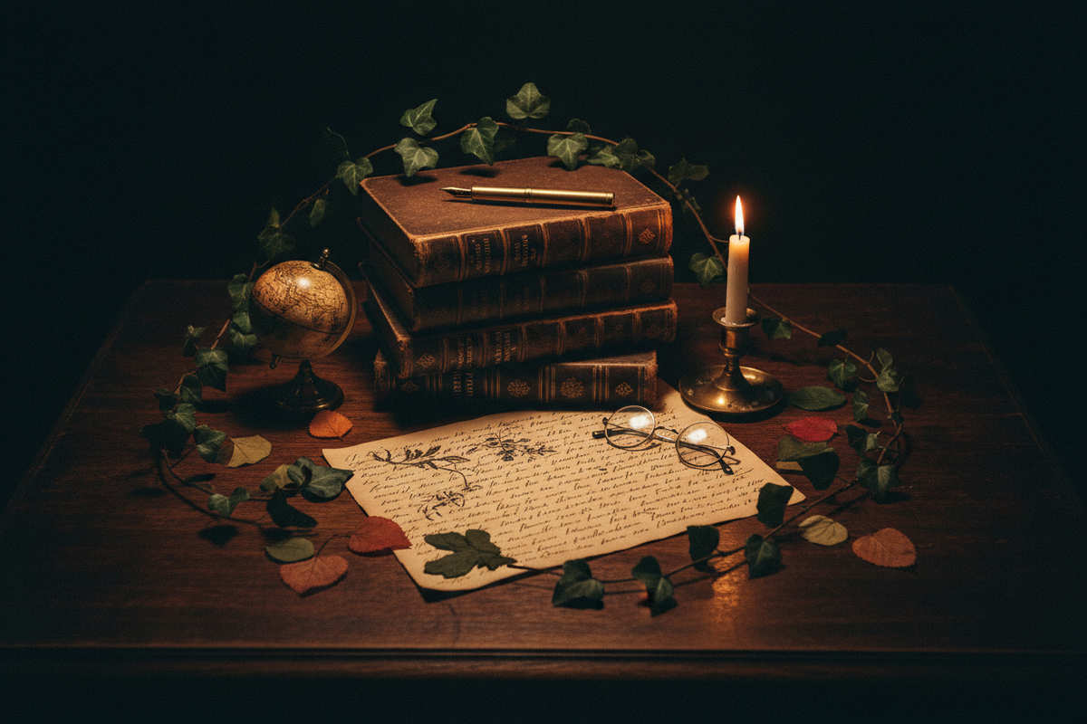 Moody dark academia flat lay with stacked leather-bound classics, fountain pen, wire-rimmed spectacles, brass candleholder, dried ivy and small globe in mahogany and forest green — Dark Academia Quotes by Cryptic Cult