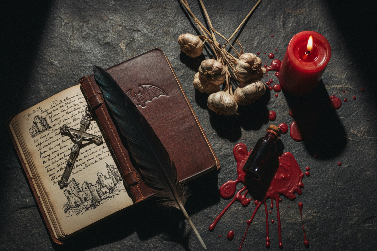 Moody gothic flat lay with aged leather journal, crucifix, garlic flowers, dark red vial and black feather on dark stone in dramatic candlelight — Dracula Quotes by Cryptic Cult