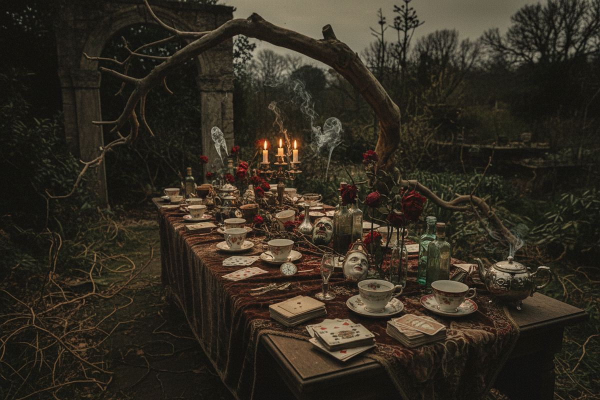Eccentric tea party with mismatched teacups — Alice in Wonderland dark academia aesthetic, moody lighting, cinematic composition by Cryptic Cult