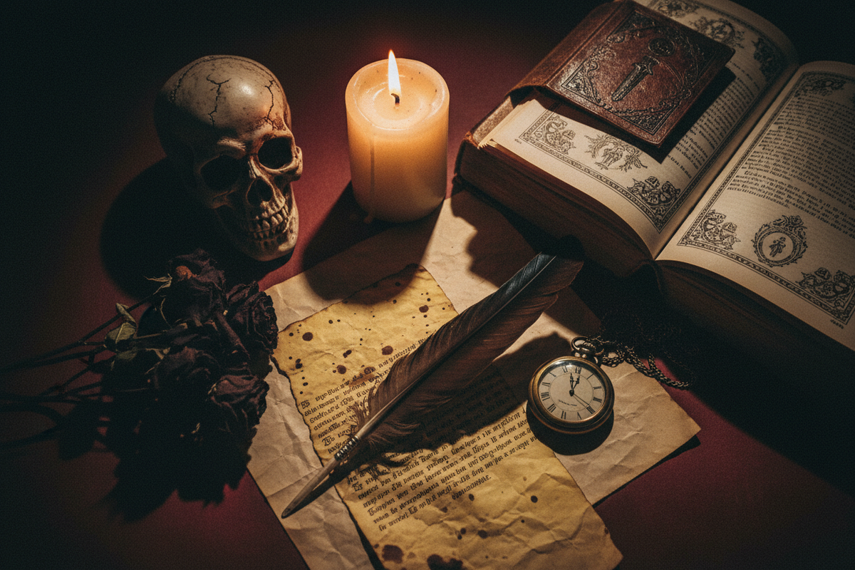 Moody dark academia flat lay with raven feather quill, skull, dried black roses, flickering candle and gothic leather-bound book in deep crimson and black — Edgar Allan Poe Quotes by Cryptic Cult