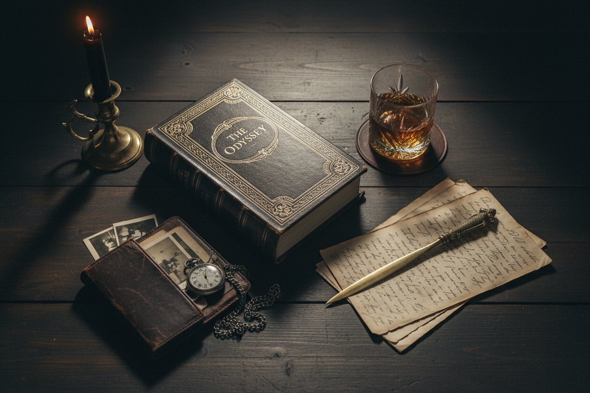 Moody dark academia flat lay with leather-bound classic, dark whiskey glass, brass letter opener, leather wallet, gothic candle in heavy holder and pocket watch in charcoal and dark mahogany candlelight — Father's Day Gifts for Readers by Cryptic Cult