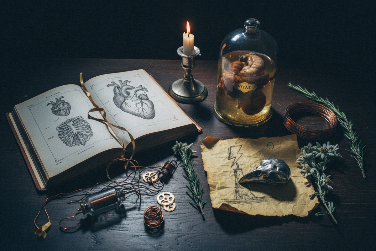 Moody dark academia flat lay with anatomy book, specimen jar, copper wire, lightning sketch on parchment and dried white flowers in dark laboratory candlelight — Frankenstein Quotes by Cryptic Cult