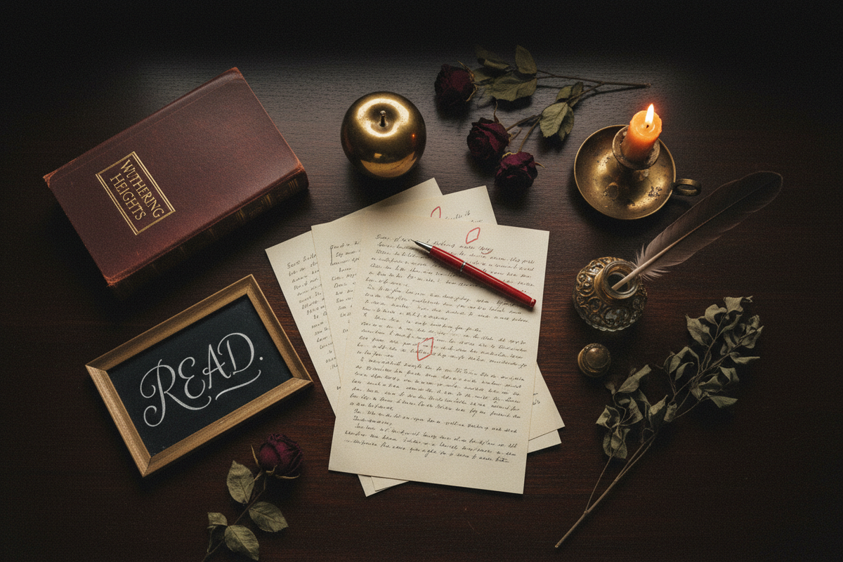 Moody dark academia flat lay with red grading pen on essays, leather-bound classic, chalkboard with elegant script, brass apple paperweight, dried botanicals and vintage inkwell in amber candlelight — Gifts for English Teachers by Cryptic Cult