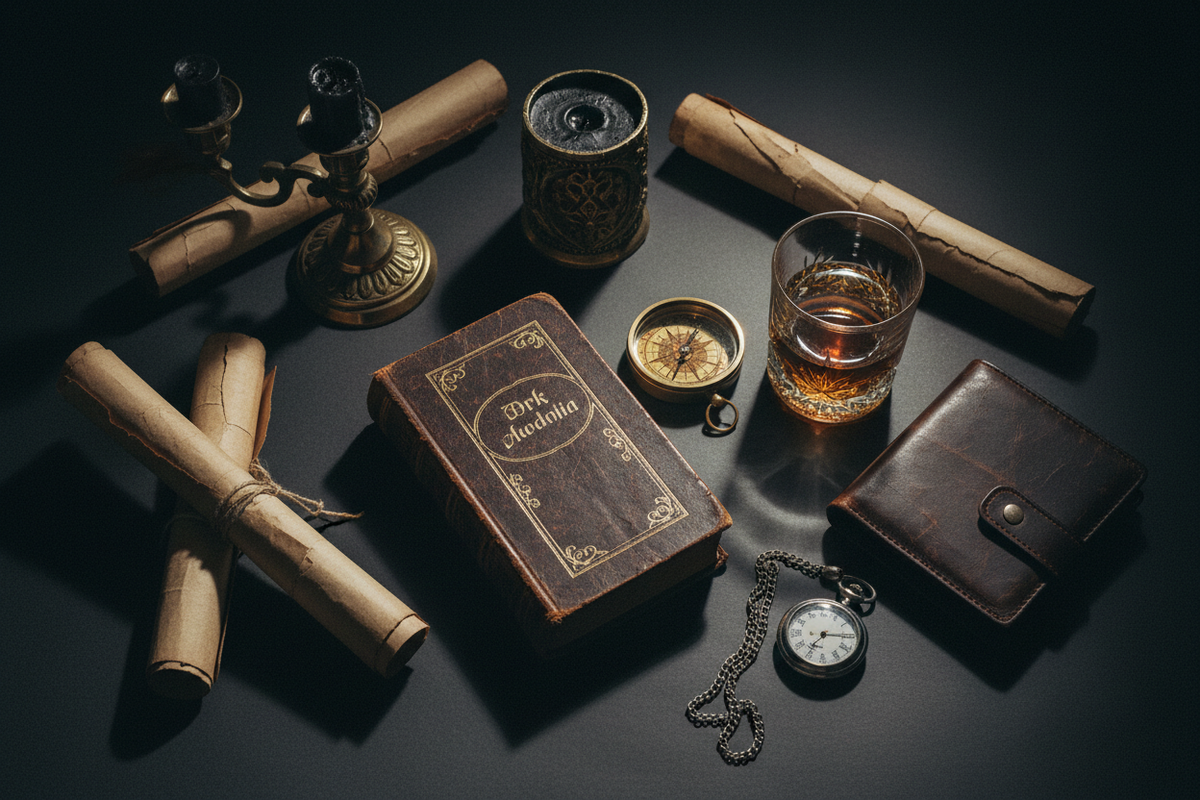 Moody dark academia flat lay with leather-bound classic, brass compass, dark whiskey glass, gothic candle, leather wallet and pocket watch in charcoal and dark mahogany candlelight — Gifts for Men Who Love Books by Cryptic Cult