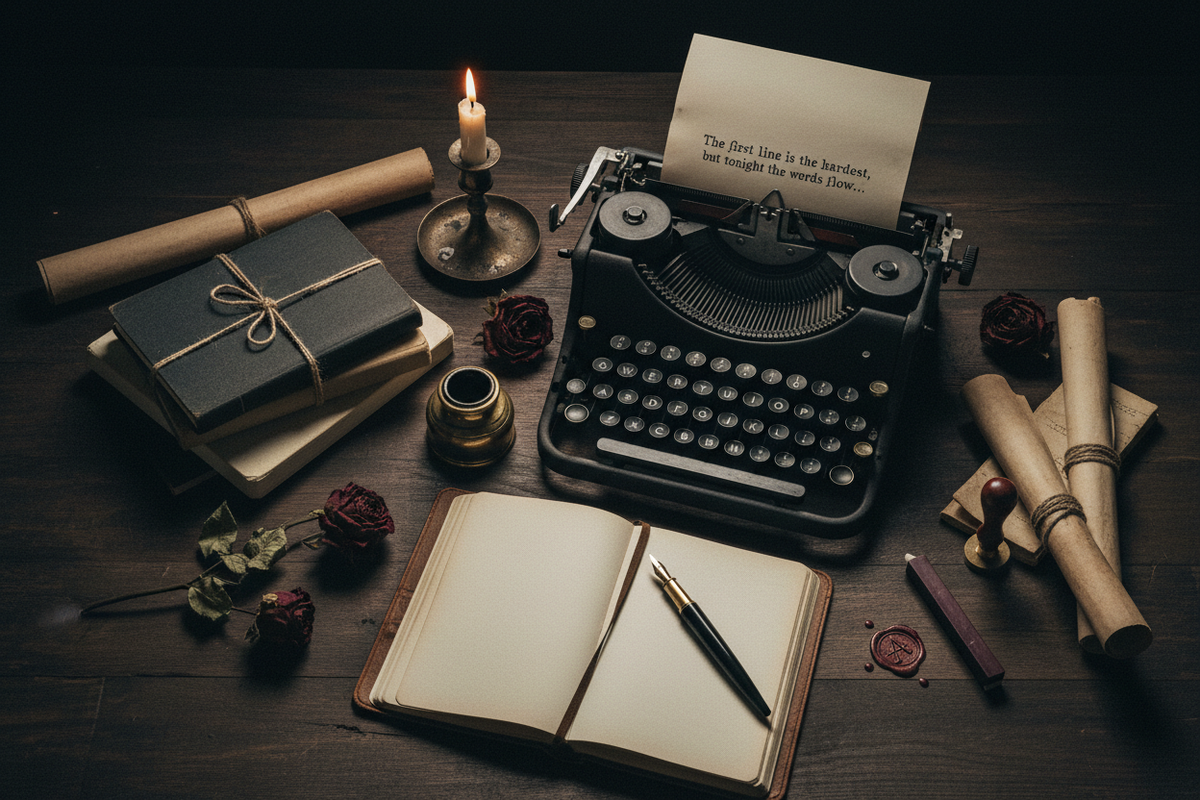 Moody dark academia flat lay with vintage typewriter, fountain pen on leather journal, brass inkwell, aged notebooks, dried botanicals and wax seal stamp in charcoal and aged ivory candlelight — Gifts for Writers by Cryptic Cult