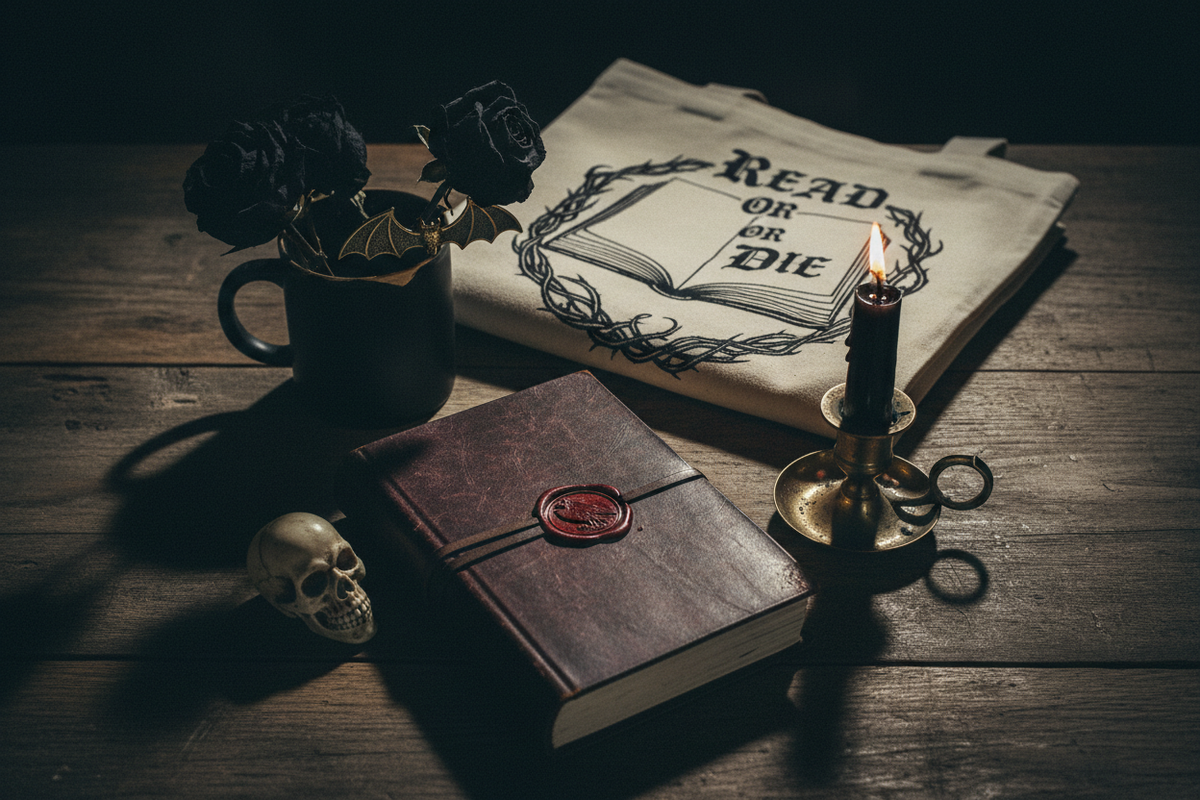 Moody dark academia flat lay with leather journal, gothic candle, literary tote, dark ceramic mug, dried black roses, ornate bookmark and skull figurine in black and gold candlelight — Gothic Gifts for Readers by Cryptic Cult