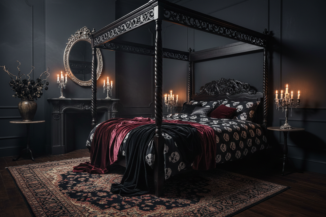 Gothic bedroom with dark charcoal walls, skull-print bedding, burgundy velvet throws, silver candelabra and dried black roses — Cryptic Cult gothic home decor guide