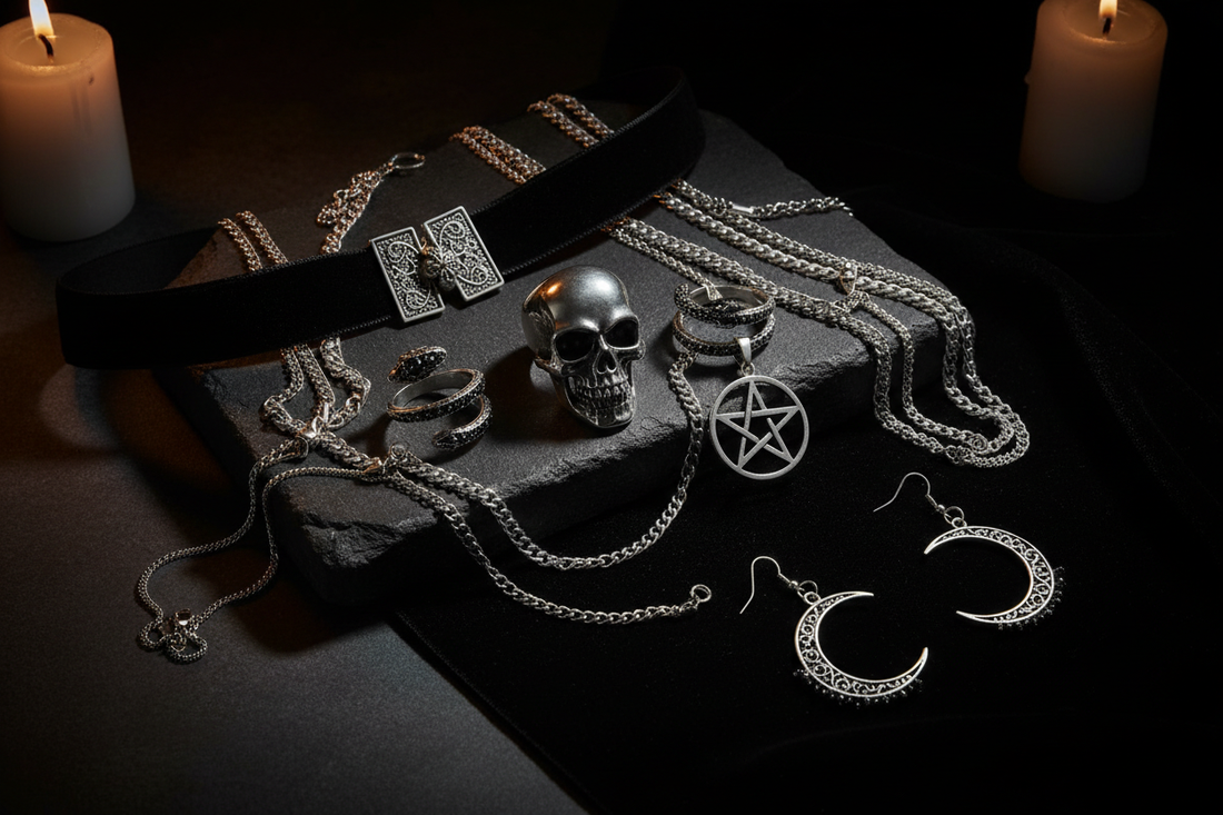 Gothic jewelry flat lay featuring silver skull rings, pentagram pendant, velvet choker, crescent moon earrings and layered chains on dark velvet — Cryptic Cult jewelry guide