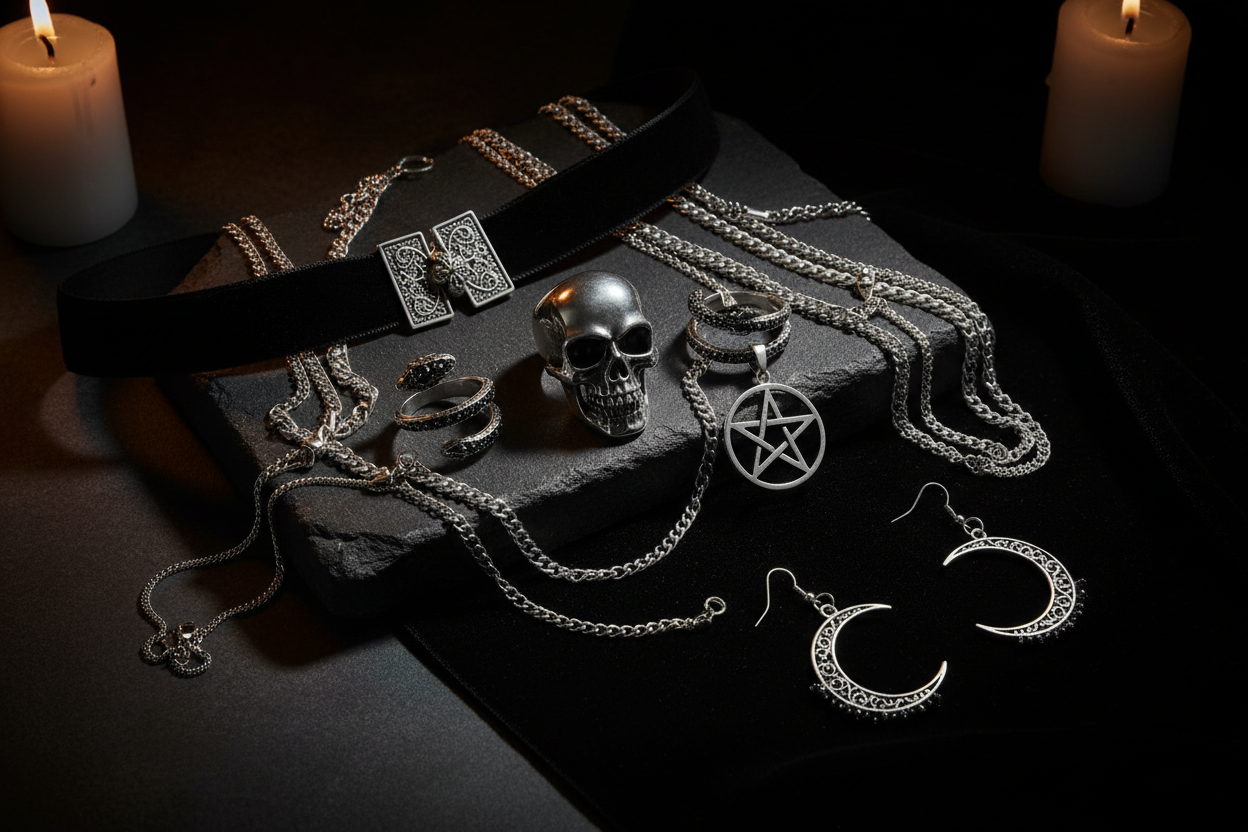 Gothic jewelry flat lay featuring silver skull rings, pentagram pendant, velvet choker, crescent moon earrings and layered chains on dark velvet — Cryptic Cult jewelry guide