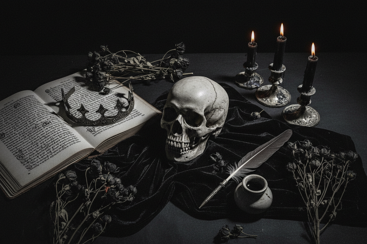 Moody dark academia flat lay with skull, quill, open folio, dried black flowers and broken crown in dramatic candlelight — Hamlet Quotes by Cryptic Cult