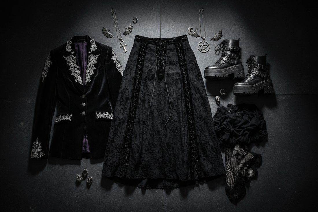 Gothic wardrobe essentials flat lay — black lace-up midi skirt, platform boots, silver occult jewellery and fishnet on a dark moody background | Cryptic Cult beginner's guide
