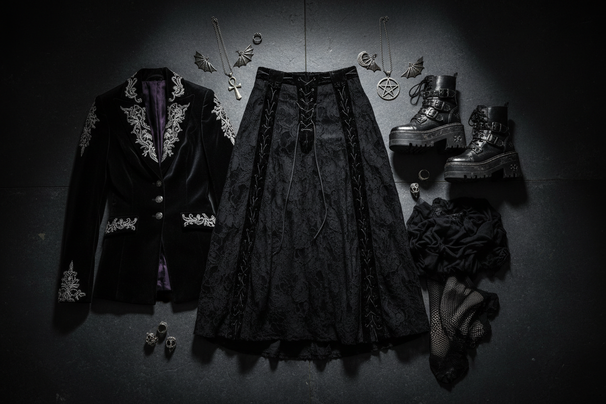 Gothic wardrobe essentials flat lay — black lace-up midi skirt, platform boots, silver occult jewellery and fishnet on a dark moody background | Cryptic Cult beginner's guide