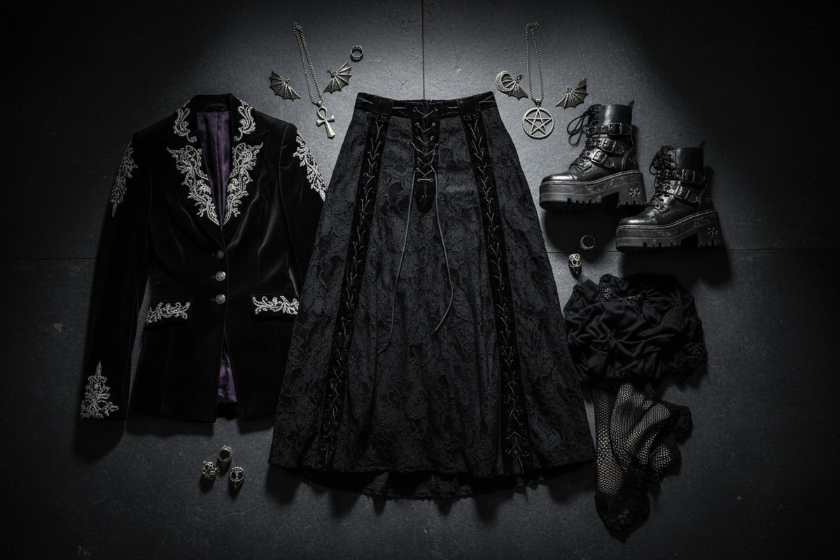 Gothic wardrobe essentials flat lay — black lace-up midi skirt, platform boots, silver occult jewellery and fishnet on a dark moody background | Cryptic Cult beginner's guide