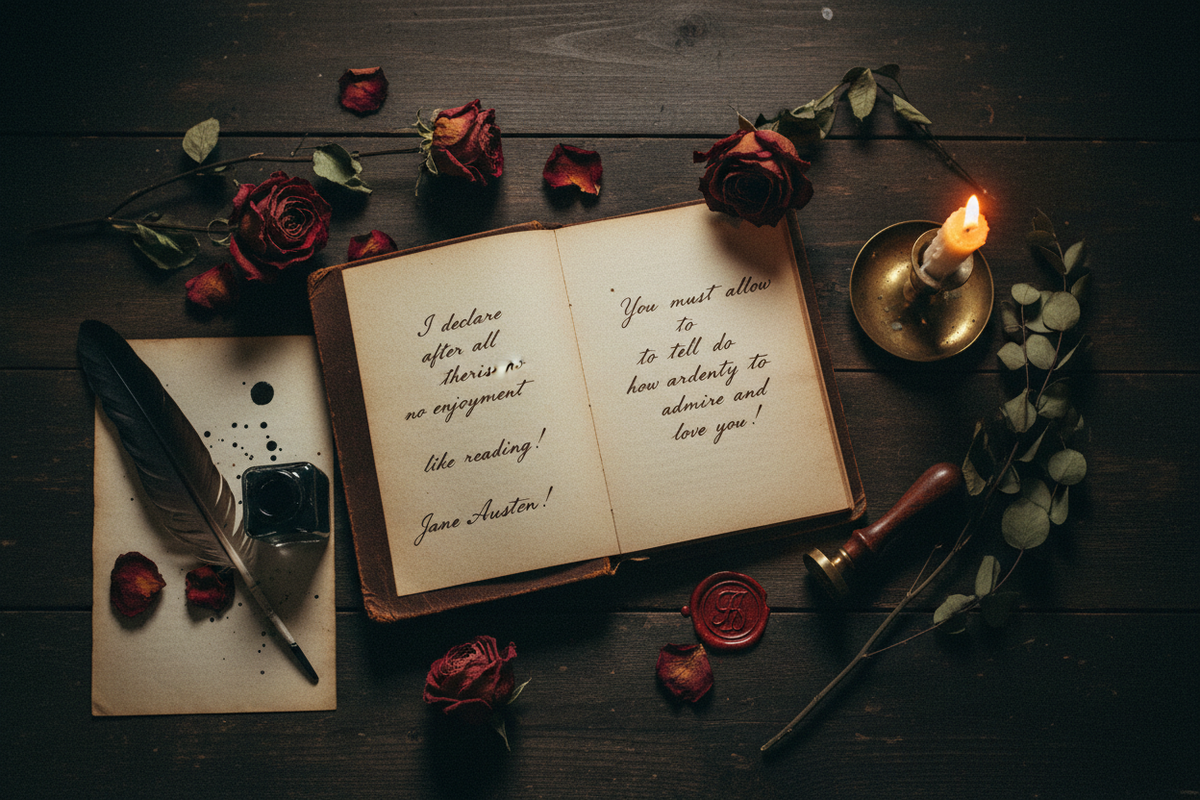 Moody dark academia flat lay with quill, aged parchment, handwritten cursive, dried roses, leather-bound book and wax seal in warm candlelight — Jane Austen Quotes by Cryptic Cult