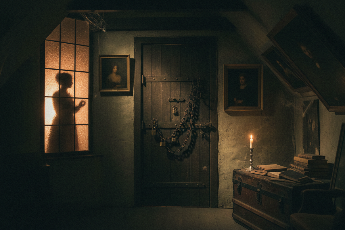Dark academia hero image for Jane Eyre literary analysis — gothic attic, moody candlelight, Victorian horror aesthetic, cinematic composition by Cryptic Cult