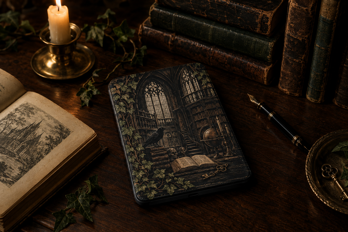 A candlelit e-reader with an original Gothic library illustration on its case, among antique books on a dark wooden desk.
