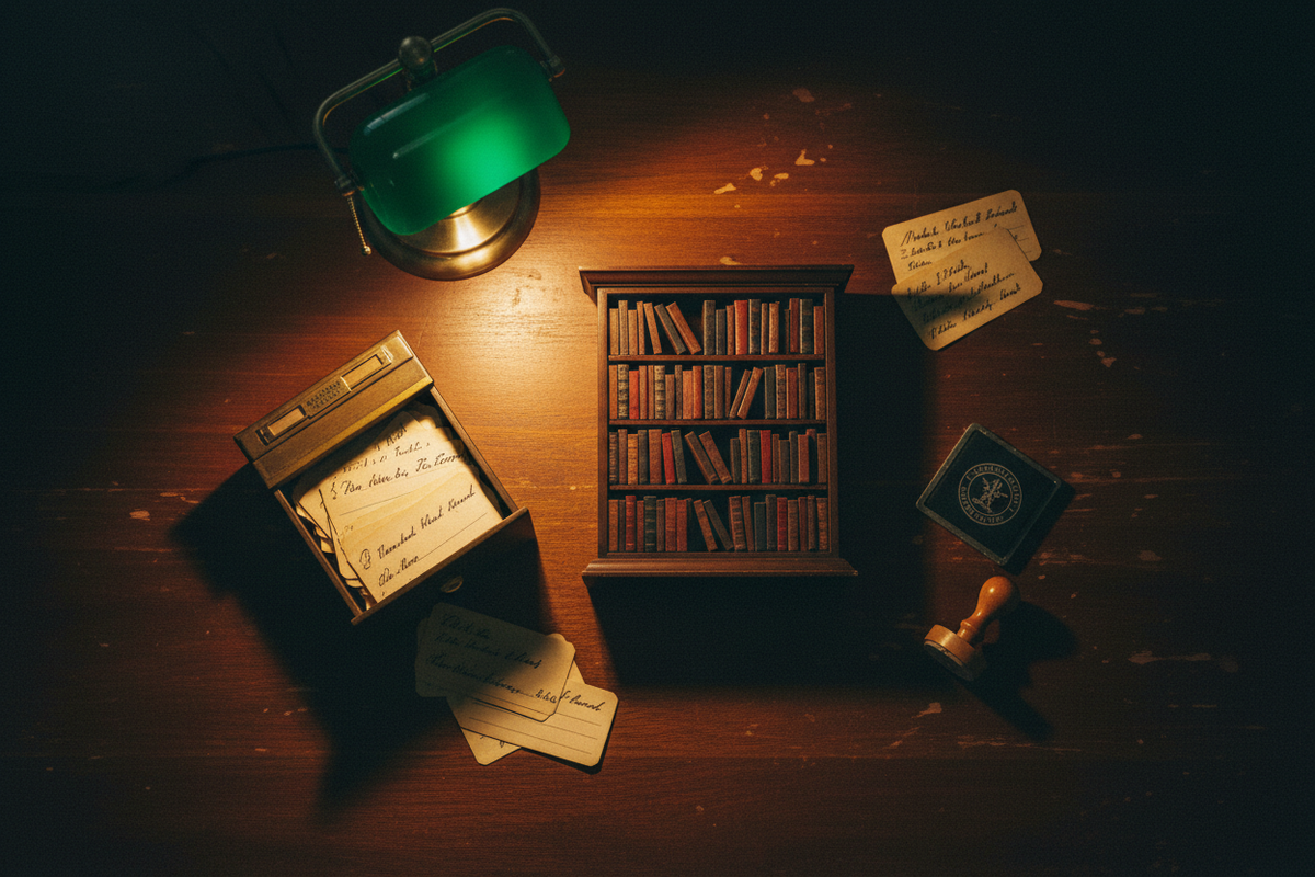 Moody dark academia flat lay with miniature bookshelf, brass card catalog drawer, reading lamp, library stamp and handwritten catalog cards in mahogany and forest green — Library Quotes by Cryptic Cult