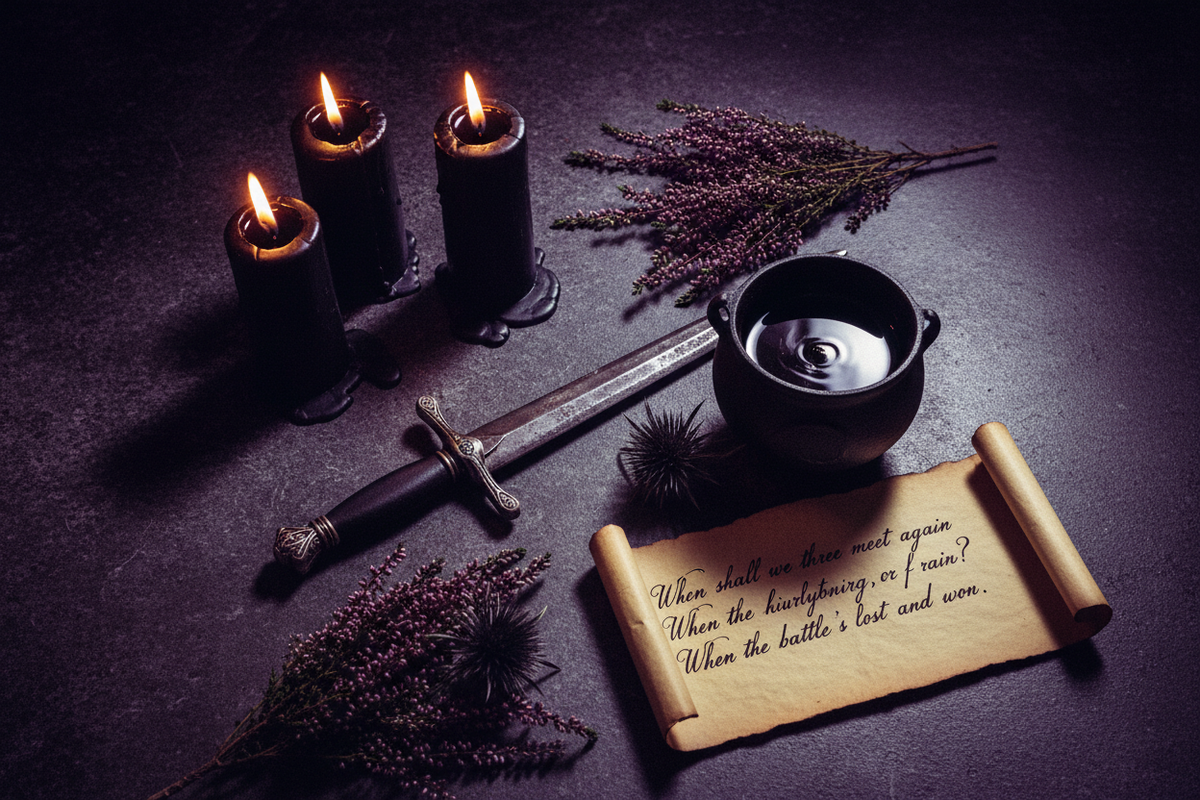 Moody dark academia flat lay with three black candles, ornate dagger, dried purple heather, dark cauldron vessel and handwritten prophecy on parchment — Macbeth Quotes by Cryptic Cult