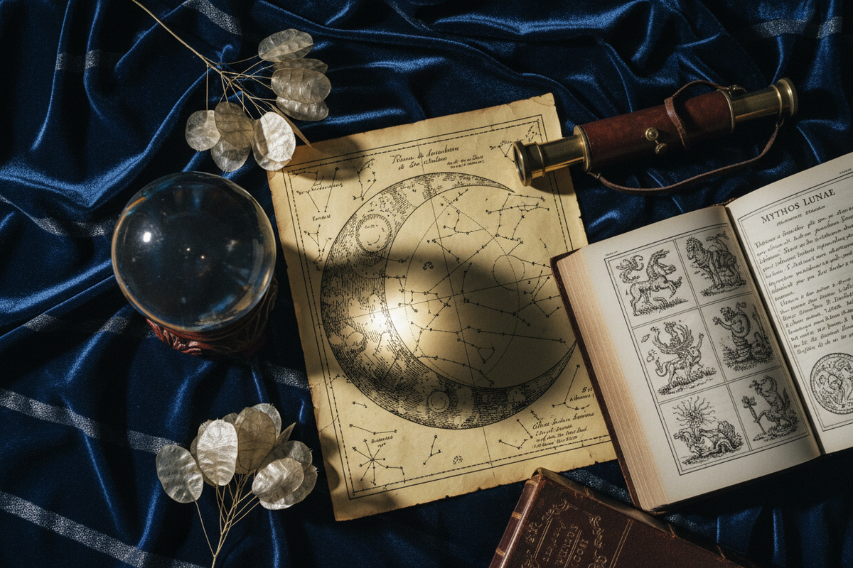 Moody dark academia flat lay with crescent moon on astronomical chart, crystal ball, silver lunaria pods, small telescope and open mythology book in deep indigo and silver candlelight — Moon Symbolism in Literature by Cryptic Cult