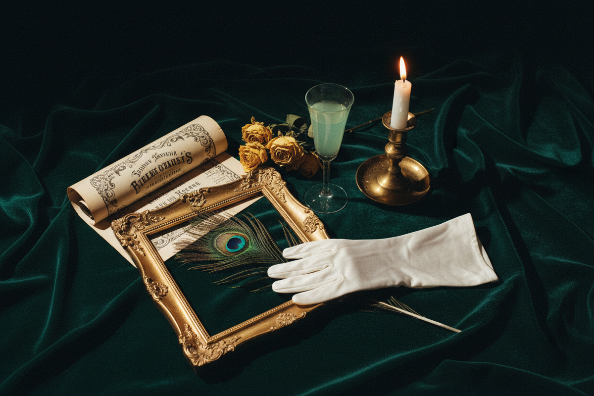 Moody dark academia flat lay with gilded frame, peacock feather, absinthe glass, dried yellow roses and aged theatre playbill in deep emerald and gold candlelight — Oscar Wilde Quotes by Cryptic Cult