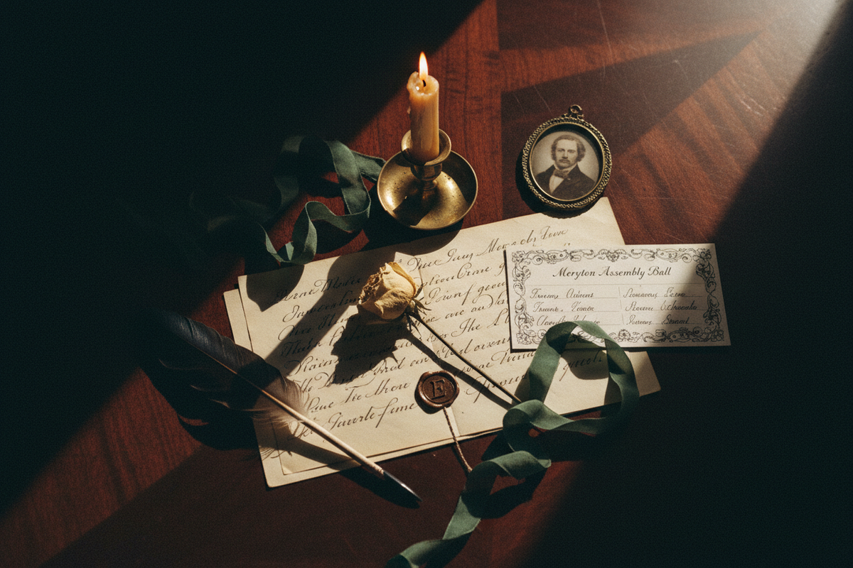 Moody dark academia flat lay with elegant cursive letter, quill pen, pressed flower, portrait miniature, dance card and aged ribbon in warm candlelight — Pride and Prejudice Quotes by Cryptic Cult