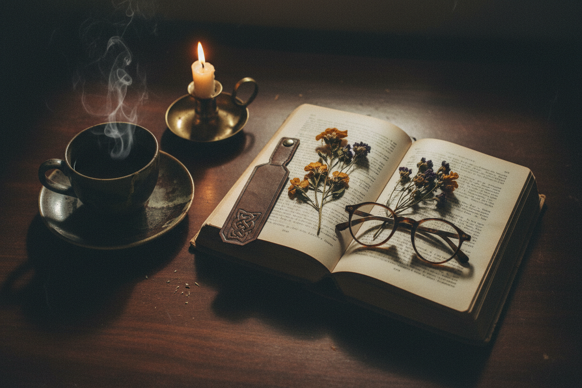 Moody dark academia flat lay with open book, steaming tea, reading glasses, leather bookmark and pressed flowers in warm candlelight on dark wood — Reading Quotes by Cryptic Cult