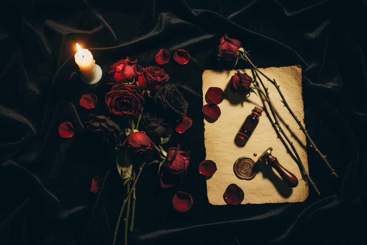 Moody dark academia flat lay with crimson and black roses in decay, dried petals on dark velvet, thorns on parchment and dark red vial in dramatic candlelight — Roses in Gothic Literature by Cryptic Cult