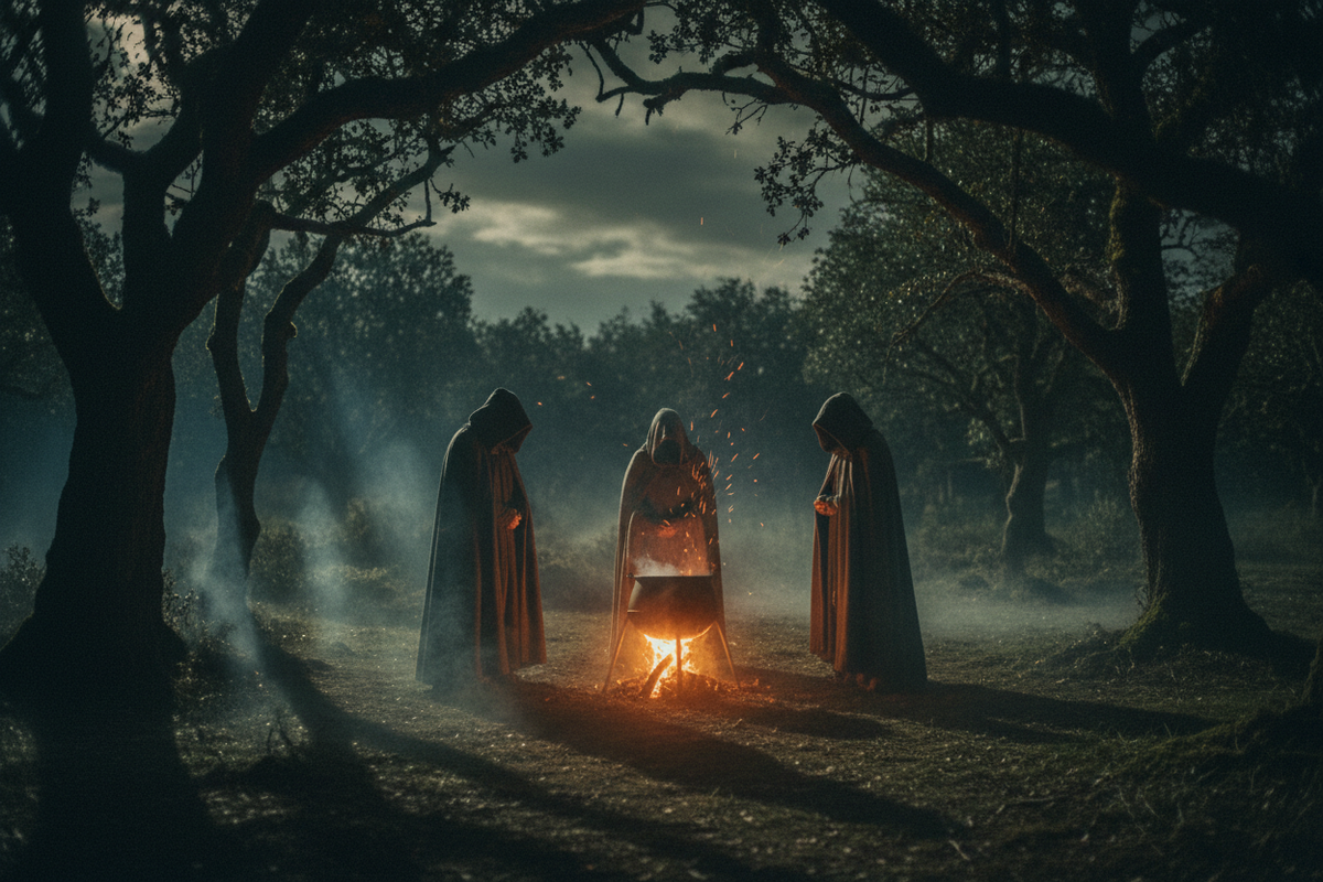 Three shadowy figures around a cauldron in a misty forest — dark academia witchy aesthetic, moody lighting, deep shadows, cinematic composition by Cryptic Cult
