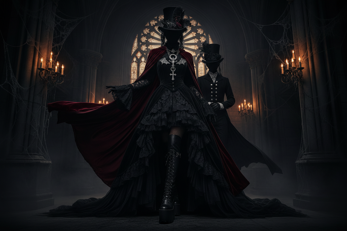 Editorial gothic fashion collage featuring Victorian lace, platform boots, fishnet layers and occult jewellery — Cryptic Cult 2026 style guide