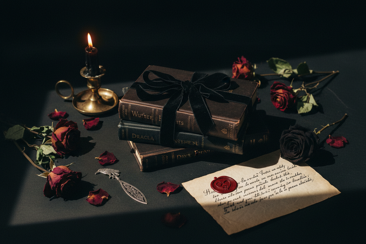 Moody dark academia flat lay with dark romantic classics tied with black velvet ribbon, gothic candle, dried dark red and black roses, wax heart seal and handwritten love letter on aged parchment — Valentine's Gifts for Readers by Cryptic Cult