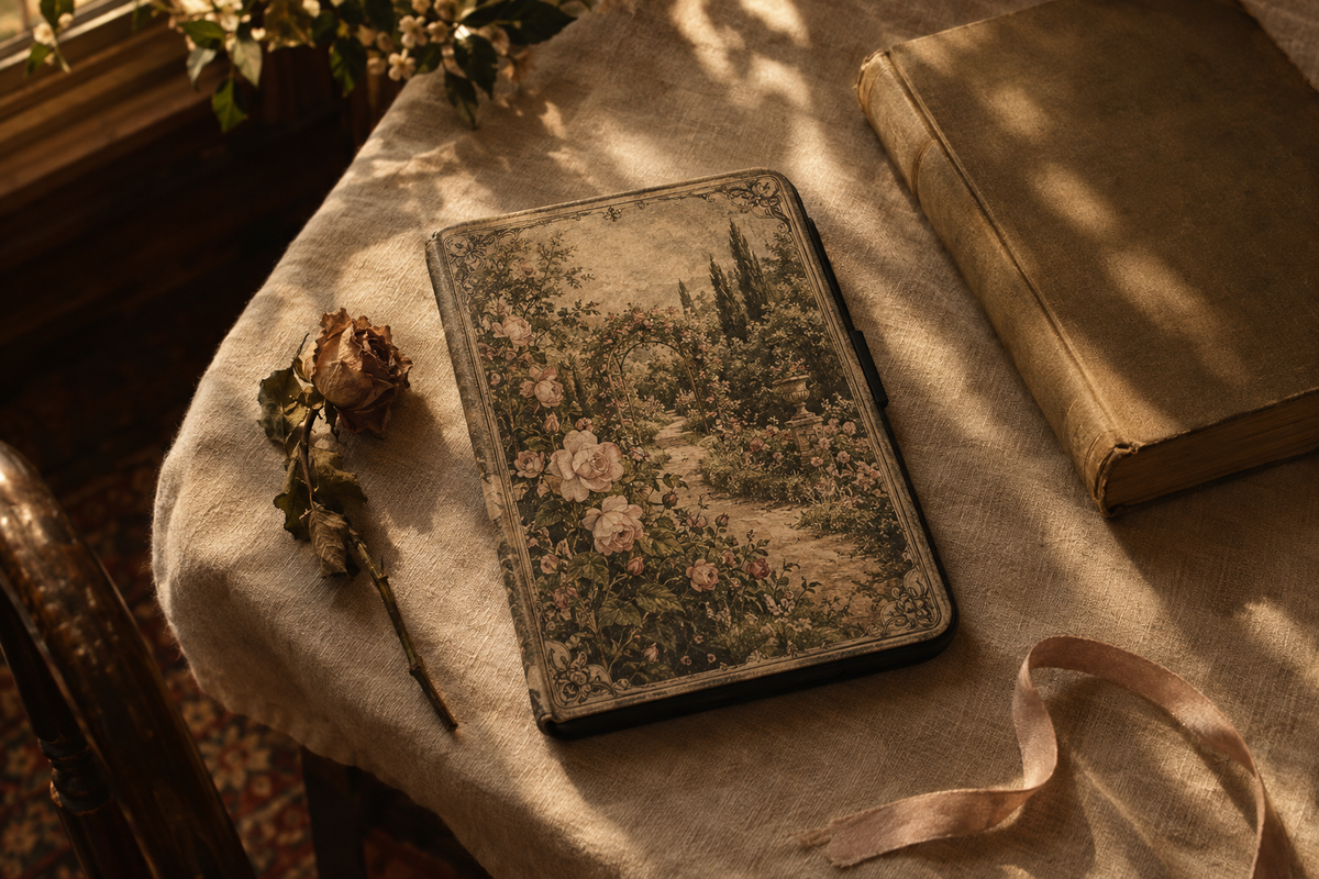 Vintage literary Kindle case with an original Victorian garden illustration on a linen reading table beside a dried rose.