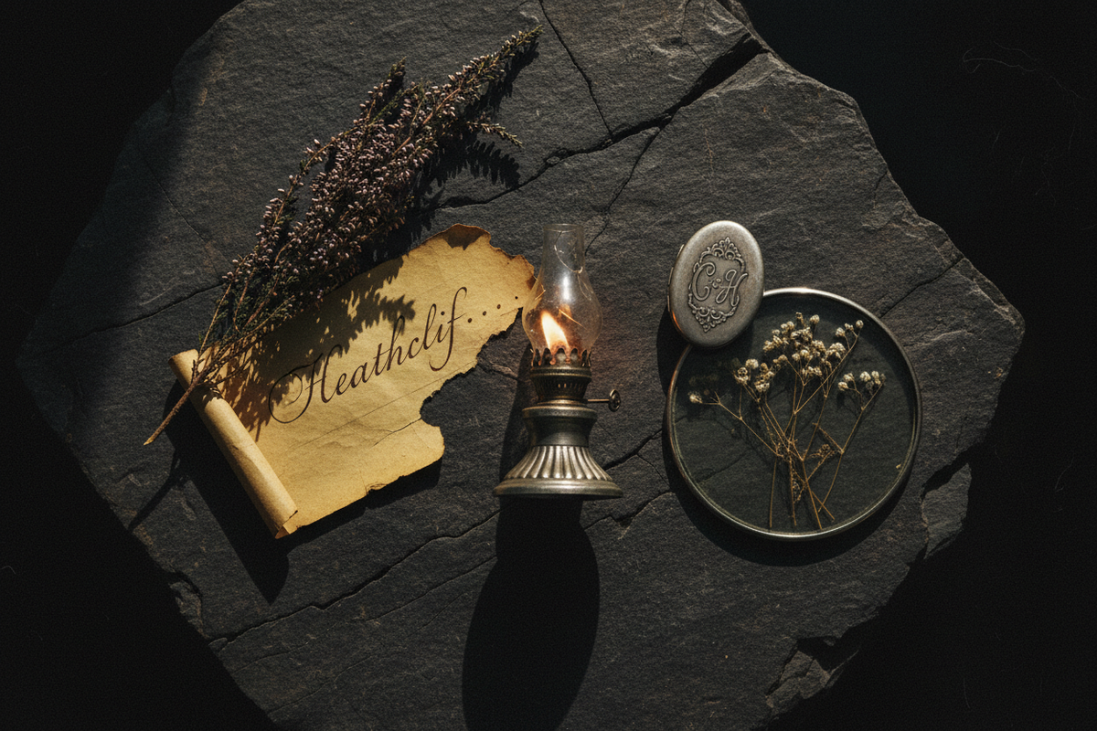 Moody gothic flat lay with windswept heather on dark stone, torn handwritten letter, oil lamp, pewter locket and wild grass pressed under glass in storm grey and charcoal — Wuthering Heights Quotes by Cryptic Cult