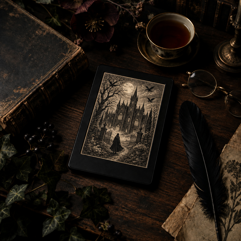 Kindle displaying an illustrated Gothic novel in a dark-academia reading scene