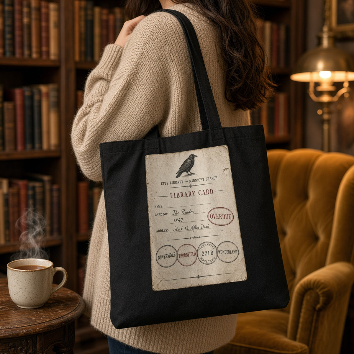 Overdue Library Card Tote — Gothic Book Tote Bag