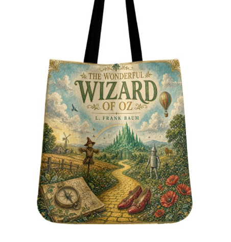 The Wizard of Oz literary canvas tote bag with the golden road, Emerald City, ruby slippers, poppies, compass, and black shoulder straps