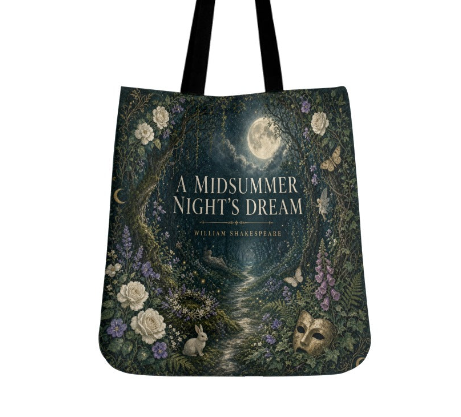 A Midsummer Night's Dream literary canvas tote bag with a moonlit forest, roses, blossoms, theatrical details, and black shoulder straps