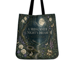 A Midsummer Night's Dream literary canvas tote bag with a moonlit forest, roses, blossoms, theatrical details, and black shoulder straps